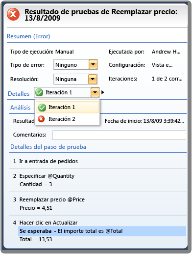 Ver los resultados de pruebas para una prueba con iteraciones