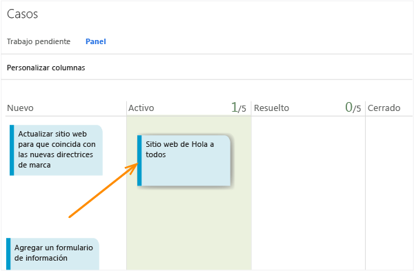 Panel kanban con actualización del caso