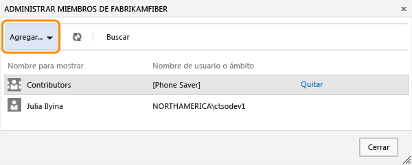 Menú Agregar del cuadro de diálogo Administrar miembros