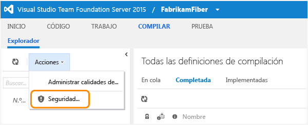 Vínculo Seguridad en el menú Acciones de la página Compilación