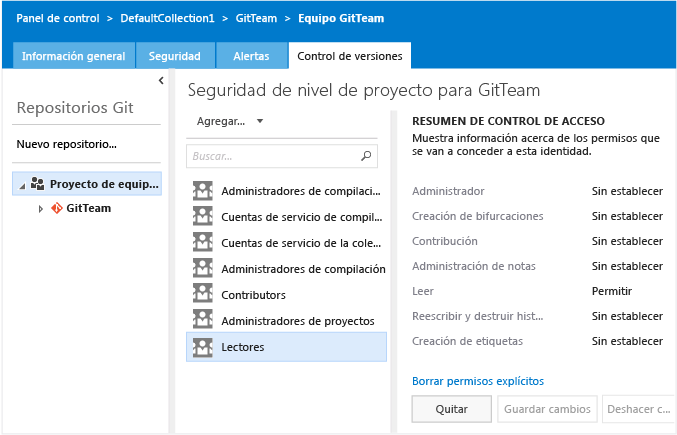 Página de permisos del proyecto Git en el contexto de administración