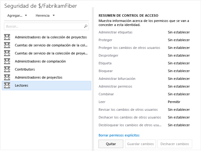 Página de permisos para el control de versiones de TF