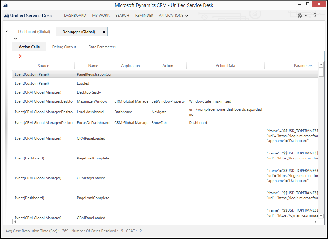 Debugger action calls tab