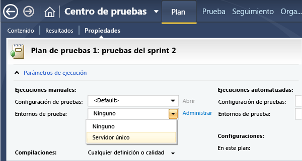 En las propiedades del plan de pruebas, elija un entorno de laboratorio.