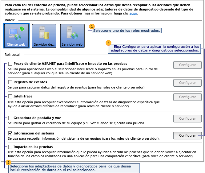 Página Datos y diagnósticos de Configuración de pruebas