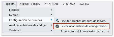 Establecer prueba unitaria y de IU codificada del archivo de configuración de pruebas activo