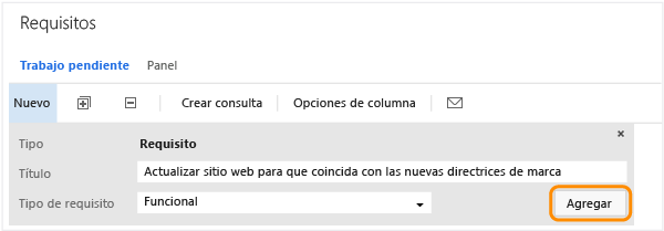 Panel para agregar rápidamente en la página de trabajo pendiente Requisitos