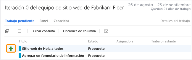 Vínculo para agregar tarea en una página de trabajo pendiente del sprint