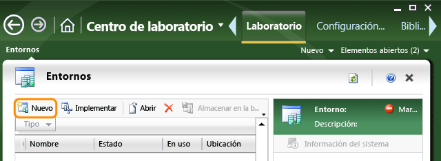 Elija Nuevo para crear un entorno de laboratorio.