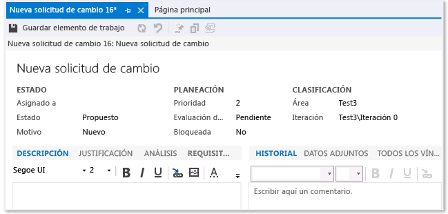 Formulario de elemento de trabajo Solicitud de cambio