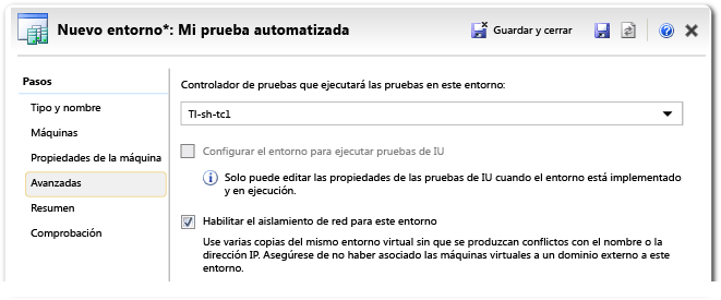 Asistente para entorno de laboratorio: página de opciones avanzadas