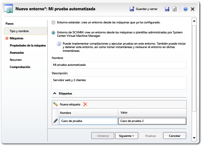 Asistente para el entorno de Lab Management - Página Nombre y ubicación