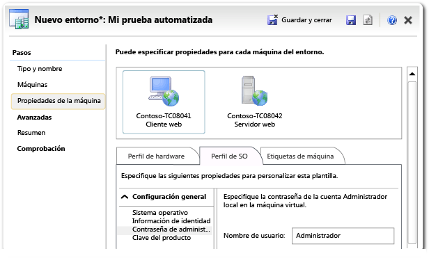 Asistente para el entorno de Lab Management - Página Propiedades de la máquina