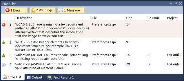 Error list window showing accessibility errors