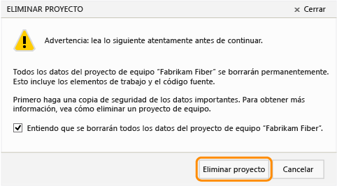 Active la casilla y haga clic en Eliminar proyecto