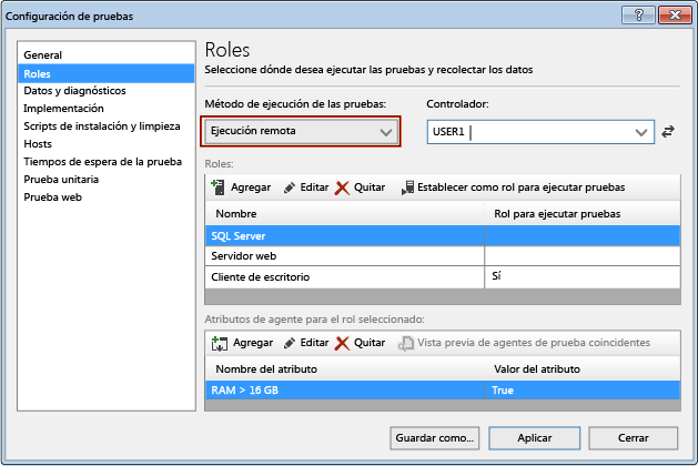 Roles de Configuración de pruebas