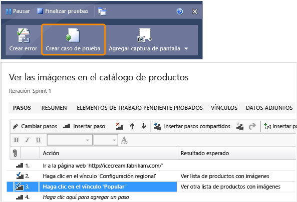 Crear un caso de prueba a partir de la grabación de acciones