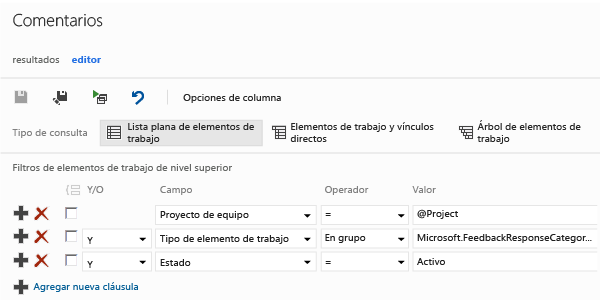 Vista del editor para consulta de lista plana de comentarios