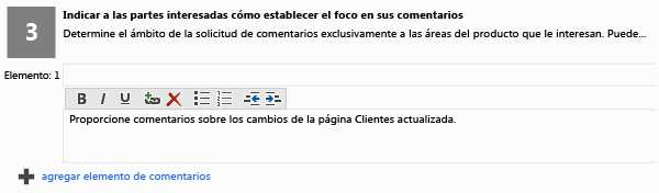 Cuadro de texto de foco de comentarios en el formulario Solicitar comentarios