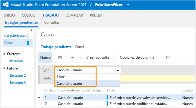 Panel actualizado con el tipo de elemento de trabajo de error agregado