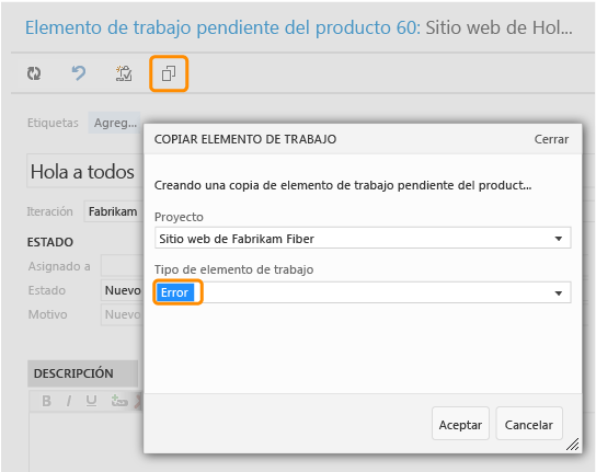 Copiar un elemento de trabajo y especificar un tipo nuevo