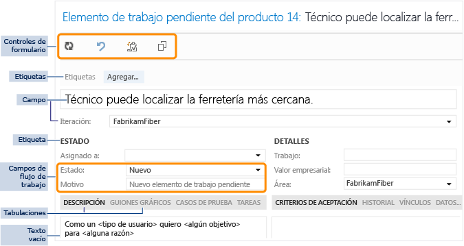 Elementos y controles de formulario de elemento de trabajo