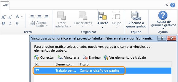 Elemento de trabajo vinculado en el cuadro de diálogo Vínculos a guion gráfico