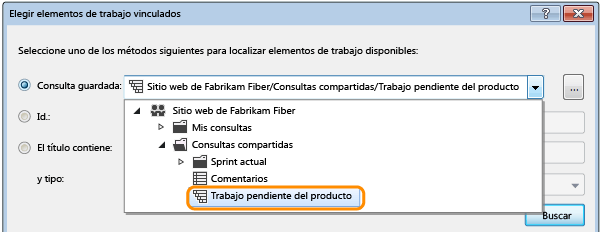 Seleccionar la consulta para buscar los elementos de trabajo