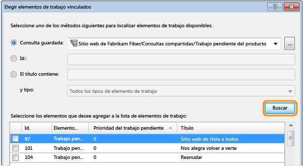 Buscar elementos de trabajo en la consulta a la que se vincularán