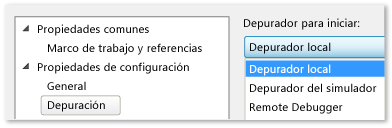 Página de propiedades de proyecto de C++ y JavaScript