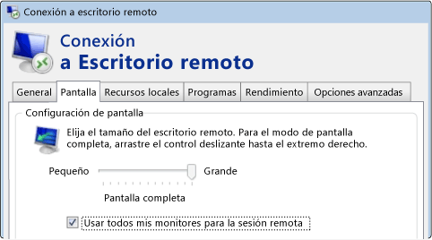 Casilla para todos los monitores en Conexión a Escritorio remoto