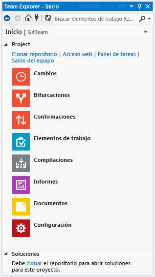 Página principal de Team Explorer con Git como control de código fuente
