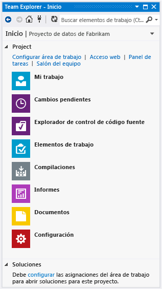 Página principal de Team Explorer con TFVC como control de código fuente