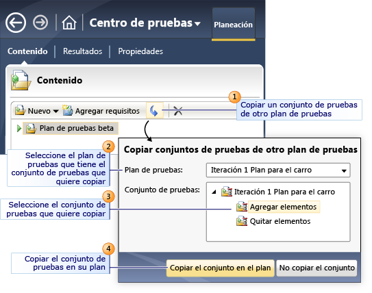 Copiar conjuntos de pruebas de otro plan de pruebas