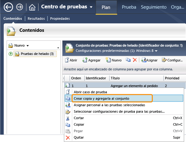 Haz clic con el botón derecho en un caso de prueba y elige Crear copia