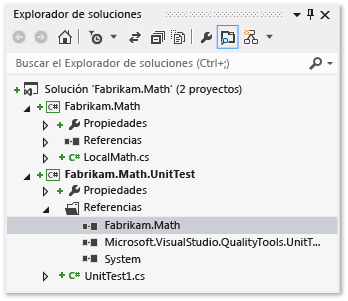 Explorador de soluciones con proyectos de prueba y clase