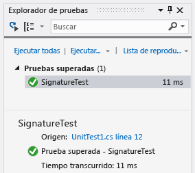 Explorador de pruebas unitarias con una prueba superada