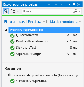 Explorador de pruebas unitarias con cuatro pruebas superadas