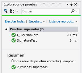 Explorador de pruebas unitarias con dos pruebas superadas