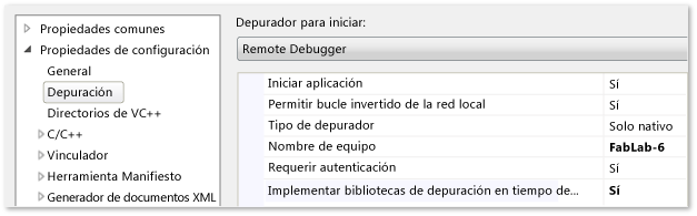 Propiedades del proyecto de C++ para la depuración remota