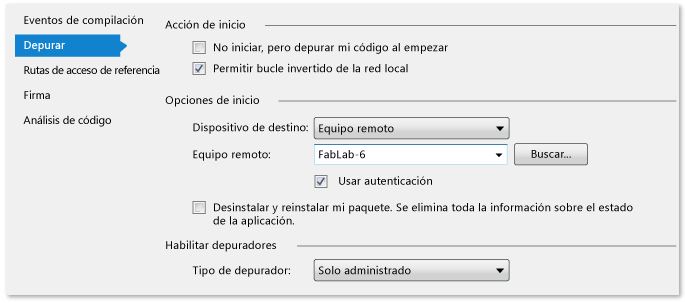 Propiedades de proyectos administrados para la depuración remota