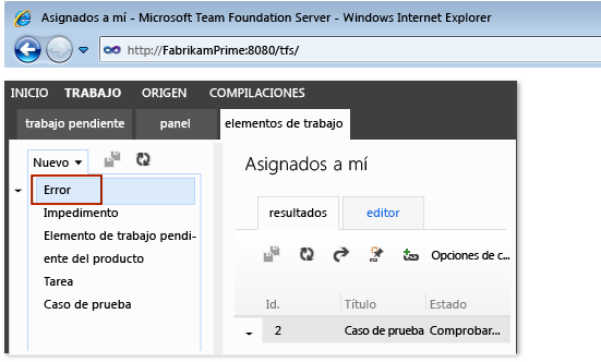 Crear nuevo error mediante Team Web Access