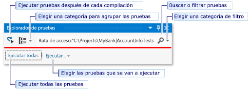 Ejecutar pruebas desde la barra de herramientas del Explorador de pruebas