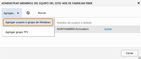 Elegir agregar cuentas de Windows o un grupo TFS