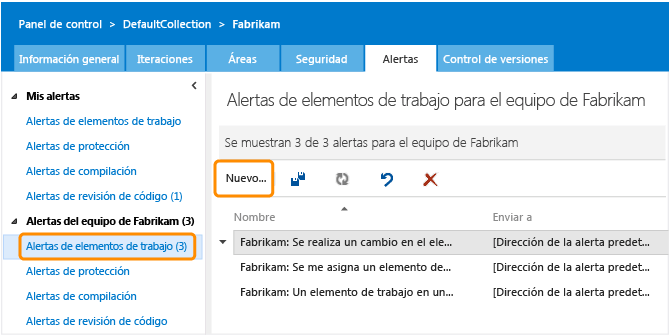 Vínculo Alertas de elementos de trabajo de la página de administración Alertas