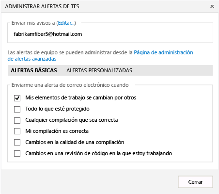 Administrar alertas de TFS