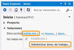 Administrar áreas de trabajo desde Team Explorer