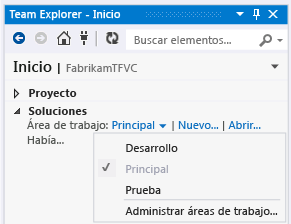 Cambiar de área de trabajo desde la página principal de Team Explorer