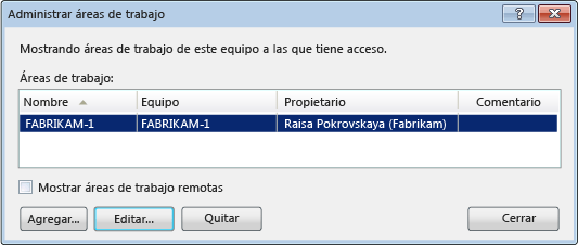 Cuadro de diálogo Administrar áreas de trabajo