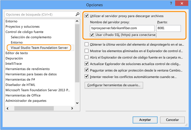 Página de configuración del proxy de VS TFVC, cuadro de diálogo Opciones